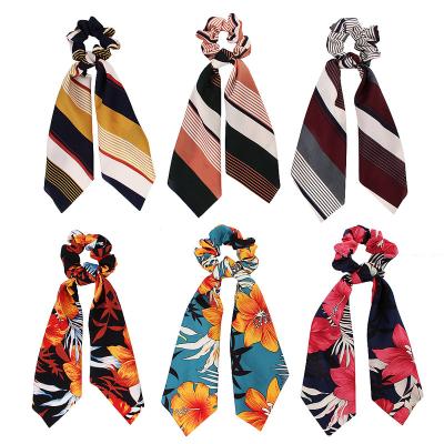 China Fashion factory wholesale ribbon scrunchie flower stripe print chiffon scrunchie long for sale