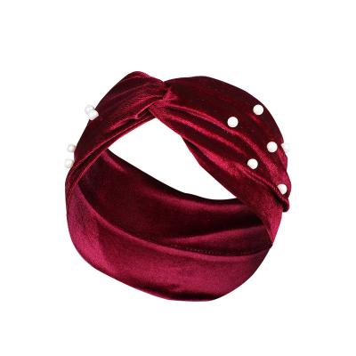 China Wholesale Vintage Velvet Pearl Elastic Hair Band Solid Gold Color Knotted Headbands For Women for sale