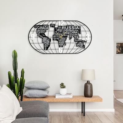 China JJT Europe World Map Large Size Iron Silent Smart Stylish Modern Black Decorative Wall Clock For Living Room Decoration for sale