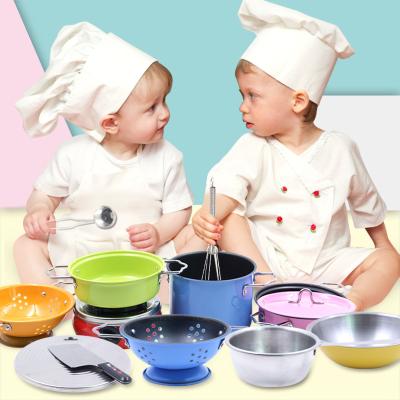 China Kitchen Set Toy Preschool Toy Pink and Blue 11pcs Stainless Steel Metal Pots Filter Cook Bench Cookware Pretend Kitchen Toy Playset Cookware Set for sale