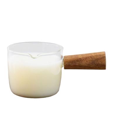 China Factory Price Sustainable High Quality Borosilicate Glass Wooden Handle Milk Pot, Hot Sale Milk Boiling Pot for sale