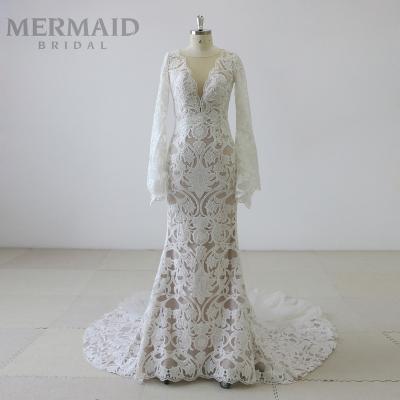 China Bridal Mermaid Wedding Dress V Neck Long Sleeve Lace Wedding Dress Anti-static Deep Beauty for sale