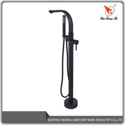 China Popular Modern Floor Mounted Tub Filler Floor Stand Faucets Freestanding Design Black Bathtub Faucet With Shower Head for sale