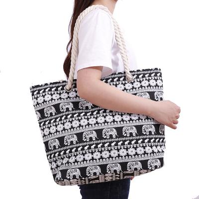 China Portable Elephant Printed Boho Beach Bags With Cotton Rope Handle Large Capacity Canvas Shopping Bag Casual Handbags Wholesale for sale