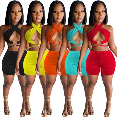 China YD1051 Hot Selling 100% Polyester Solid Color Plus Size Halter Women's 2 Piece Shorts Set for sale