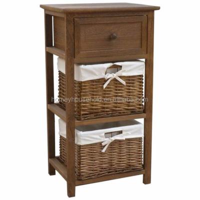 China Eco - Friendly Wooden Drawer Cabinet / Bedside Table With Wicker Baskets Storage Unit for sale