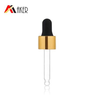 China Non Spill 18mm Gold Dropper Aluminum Covered Cap With Black Rubber Head For Essential Oil Cosmetic Glass Bottle for sale