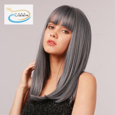 China Over The Shoulder Sale Product New Design Synthetic Wig Straight Hair Gray Bangs Shoulder Length for sale