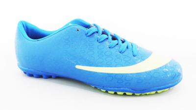 China Waterproof Shinning PU Youth Indoor Soccer Shoes Customized Blue for sale