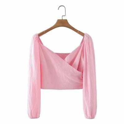 China Tik Clavicle Cross Waist V-Neck Tok Anti-Shrink Retro Slimming Short Lantern Sleeve High Waist Shirt Top for sale