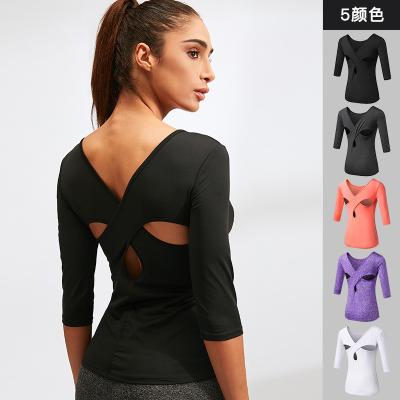 China New Antibacterial Ladies Short Sleeve Yoga Tops Back Crisscross Fitness Tops Shirts for sale