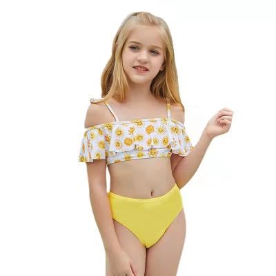 China Plus size 2022 new style slit girls and children's bikini one shoulder split backless swimsuit ruffled swimsuit for sale