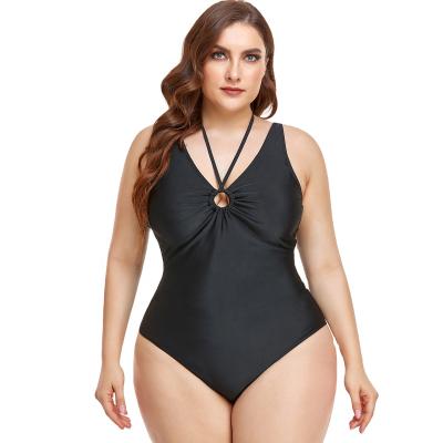 China Women Plus Size Solid Color One Piece Halter Backless Big Size Beachwear Swimwear High Waist Plus Size Bikini for sale