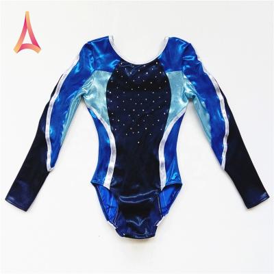 China Navy Blue Color-block 4-Way Weight Stretch Medium Long Sleeve Gymnastics Dancer Tights For Girls for sale