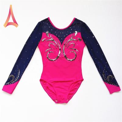 China 4-Way Stretch Navy Mesh Long Sleeve Deep Pink Gymnastics Dancer Tights For Girls for sale