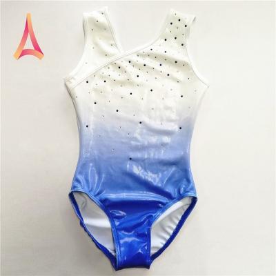 China Midweight Pearl White 4-Way Stretch to Blue Ombre Girls Gymnastics Dancer Tights with Asymmetrical Neckline for sale