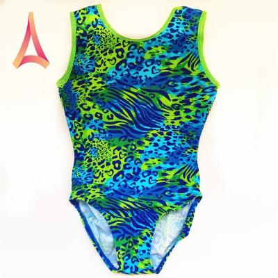 China 4-Way Stretch Medium Weight Promote Sales Lime Blue Leopard-Print Nylon Spandex Kids Gymnastics Leotard for sale