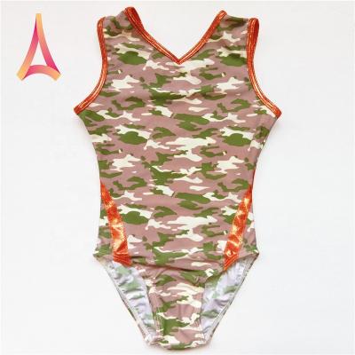 China 4-Way Stretch V-Neck Camouflage Print Kids Gymnastics Dancer Tights for sale