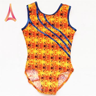 China Yellow Psychedelic-Print 4-Way Stretch Kids Gymnastics Leotard for sale