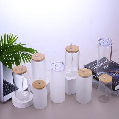 China Viable No MOQ BPA Free High Borosilicate Custom Voss Frosted Sublimation Glass Water Bottles With Bamboo Lids And Straw for sale