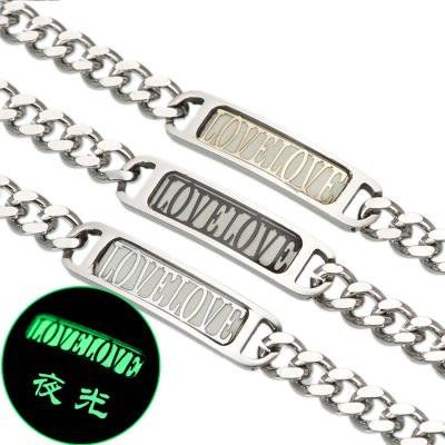 China Custom Glow-in-the-Dark Titanium Glow-in-the-Dark Simple Lovers Men's Hip Hop Stainless Steel Love Word Hip Hop Bangles Women Bracelets B7C Steel for sale