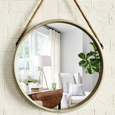 China Wholesale Farmhouse 20 Inch Big Size Home Office Decorative Mirror Living Room Round Wall Mirror With Rope for sale