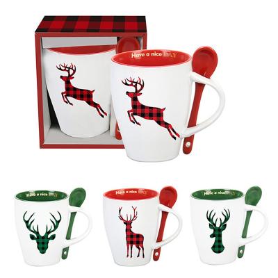 China Viable Custom Wholesale Christmas Santa Claus Shape Reindeer Ceramic Coffee Mug For Xmas With Spoon for sale