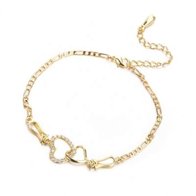 China 14K Gold Crystal Bracelet For Women Adjustable Fashionable Double Heart Link Chain Bracelet Delicate Female for sale