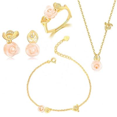 China 2022 Women's CLASSIC Gold Plated 925 Sterling Silver Flower Rose Quartz Jewelry Set V069 for sale