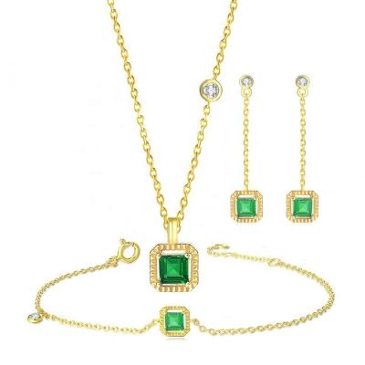 China Lamoon CLASSIC Emerald Earring Bracelet Necklace Silver Synthetic Square Elegant 925 Sterling Jewelry Sets V061 for sale