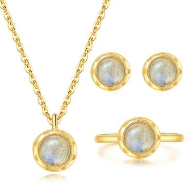 China CLASSIC 2022 Fashion Women Gift S925 Round Natural Labradorite Necklace Earrings Ring Jewelry Set V093 for sale