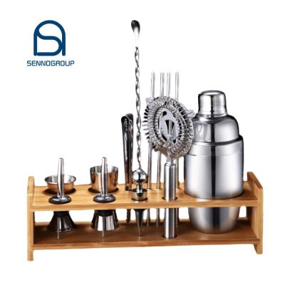 China Factory Direct Cocktail Stainless Steel Cocktail Shaker Set Accessories Jigger With Logo Silver Metal 304 Bamboo Holder for sale