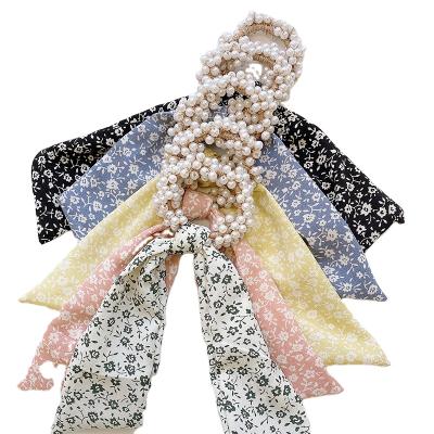 China PT019B Perfect Finishing New Arrival Fashion Flower Print Pearl Hair Tie Hair Scrunchies Hot Selling Chiffon Elastic Bowknot for sale