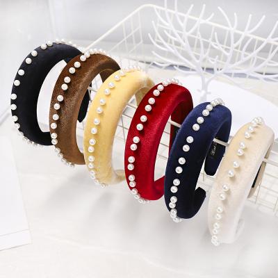 China Fashion sponge material and watch HB470 2022 fashion women padded velvet high quality wide headband unique sponge pearl headband for sale