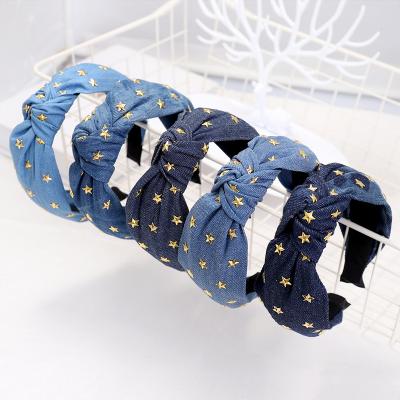 China HB549 Popular Wholesale New Style Black Denim Simples Design Knot Cowboy Denim Hair Band Five-pointed Five-pointed Hair Band for Women and Girls for sale