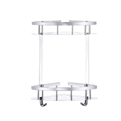 China Polished Durable 304 Stainless Steel Bathroom Triangle Corner Wall Mounted Rack For Bath Double Row Corner Shelf With Hooks for sale