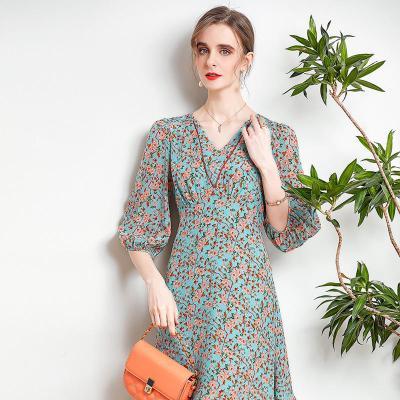 China Summer Sale Women Floral Print Fashion V-Neckline Sexy Casual Elegant Hot Breathable Dress Long Dress for sale