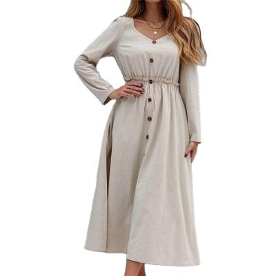 China Women's Anti-Wrinkle Arrival Autumn Button V-Neck Dress Simple Long Sleeve Waist A-Line Lady Casual Women's Empire Dress for sale