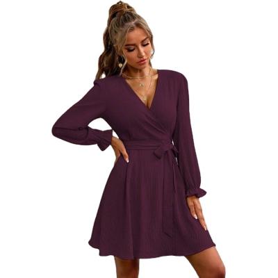 China New Anti-wrinkle Design V-neck Belted Lantern Sleeve Waist Casual Dress Top For Women for sale