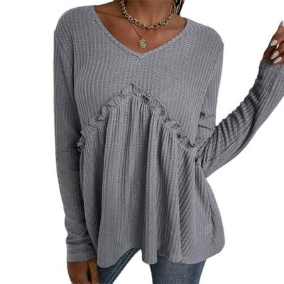 China Breathable Solid Color Loose Women Ladies Shirt Long Sleeve Pullover Casual T-Shirt for sale