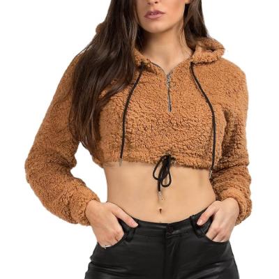 China Anti-Wrinkle Teddy Fur Sherpa Drawstring Crop Hoodies Clothing Thick White Zipper Hoodie Woman Oversized Fitted Crop Half for sale