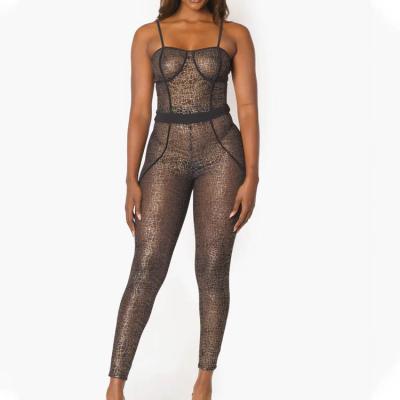 China Breathable Custom Sexy One-Piece Fitness Bodycon Jumpsuit Sheer Overalls Bodycon Mesh Overalls For Women for sale