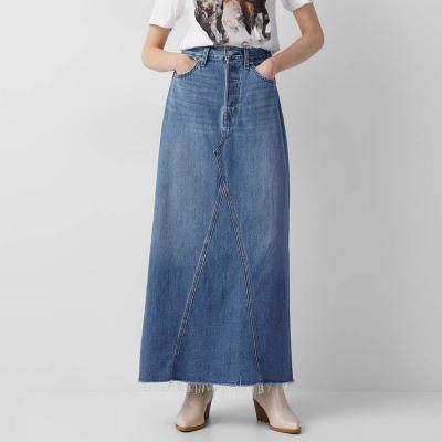 China OEM Service Anti-Static Fringe Buttoned Maxi Denim Skirt Custom Denim Raw Skirt Faldas Largas De Bord for sale