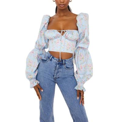 China OEM New Style Anti-pilling Long Sleeve Tied Causal Cropped Flora Beach Top Blouse Shirt Sexy Square Neck Print Bustier Ruched Corset for sale