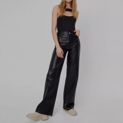 China Hot Sale Fashion Anti-Wrinkle Straight Wide Leg Leather Pants High Waisted Women's Pants for sale