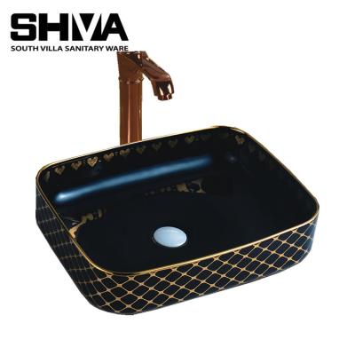 China Desgin India Designs Lavabo Ware Gold Black Lavabo Luxury Saudi Arabian Square Sanitary Countertops Ceramic Bathroom Sinks for sale