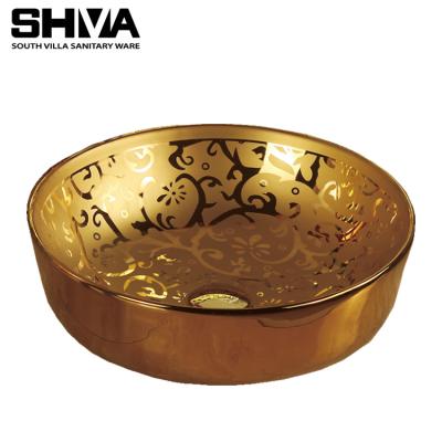 China Luxury Desgin Middle East Style Round Flower Flat Decal Designs Art Wash Hand Basin Ceramic Worktop Gold Sink for sale