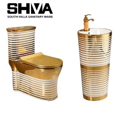 China Newest Design Double-Flow Style Bathroom Luxury Royal Gold Color Custom WC Toilet Set Sink With Pedestal for sale