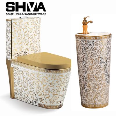 China Wc Gold European Style Double-Flow Bathroom Siphonic Toilet Cabinet Ware Ceramic Electroplating Sanitary Toilet for sale