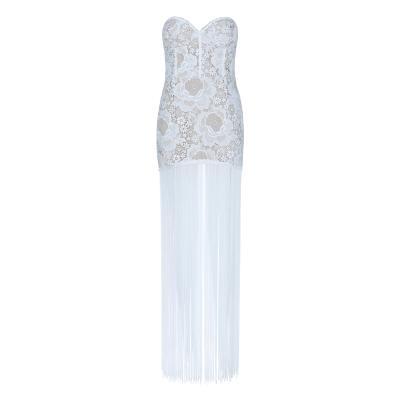 China Fashion Breathable Floral White Lace Celebrity Red Carpet Strapless Bandage Dress With Tassel for sale